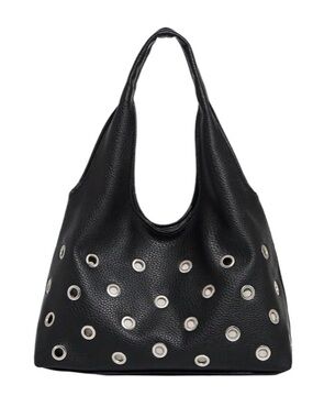 Black Pebbled Shoulder Bag with Silver Eyelet Accents